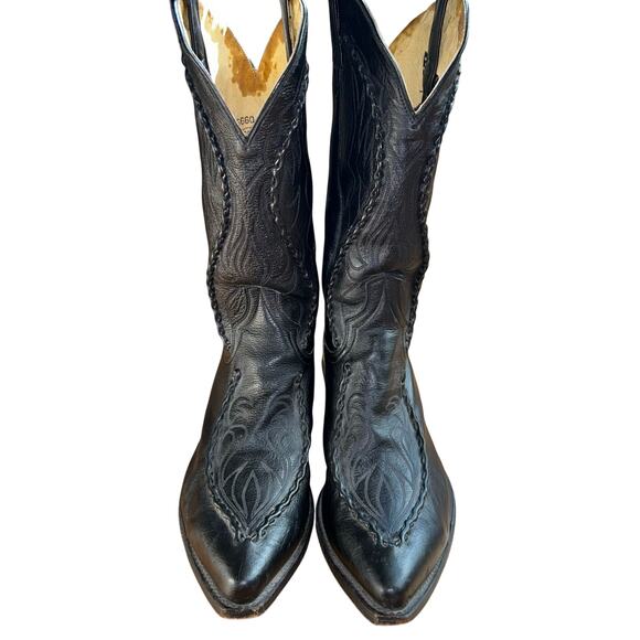 Vintage Dan Post Men's Black Leather Boots Deertan Cowboy Western USA Sz 11 EW - Picture 2 of 9